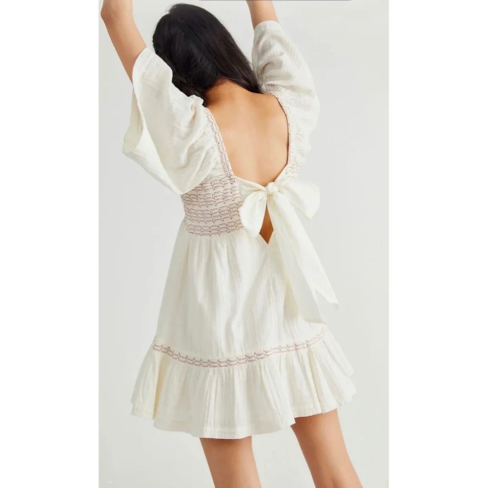 FREE PEOPLE Easy to Love Women’s S Cream Bubble Dress Babydoll Coquette Gauzy